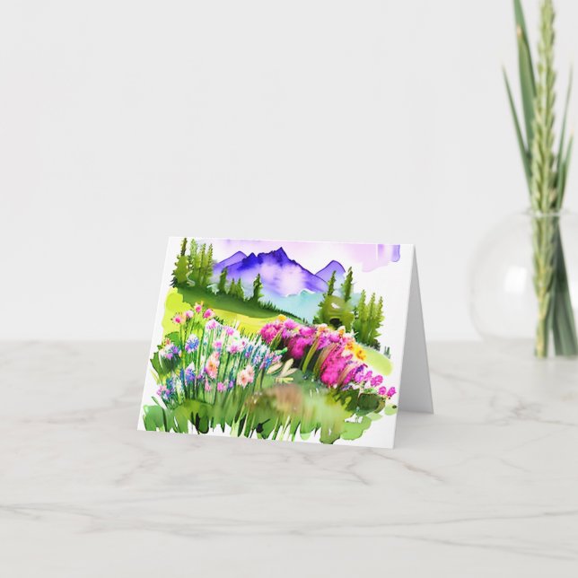 Watercolor mountain and wildflowers customisable card (Front)
