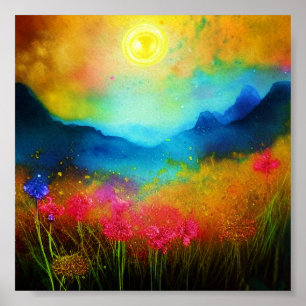 Watercolor mountain and wildflowers poster