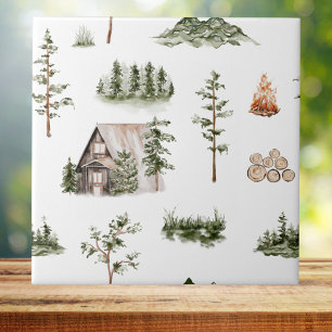 Watercolor Mountain Cabin Forest Seamless Pattern Tile