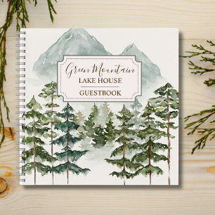 Watercolor Mountain Cabin Lake House Guestbook Notebook
