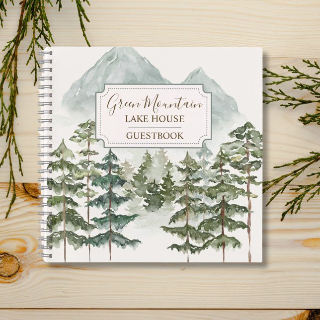 Watercolor Mountain Cabin Lake House Guestbook Notebook (In situ)