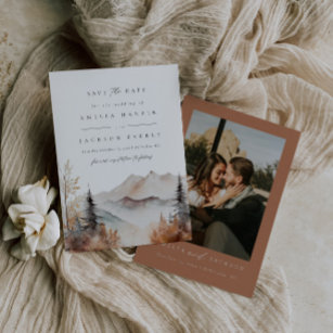 Watercolor Mountain Fall Wedding Save The Date Invitation