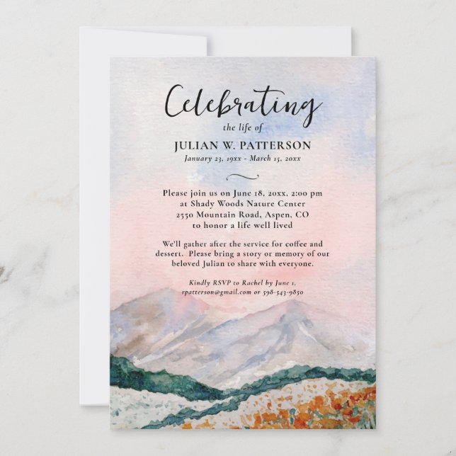 Watercolor Mountain Field Celebration of Life Invitation (Front)