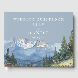Watercolor Mountain Floral Dusty Blue Wedding Guest Book