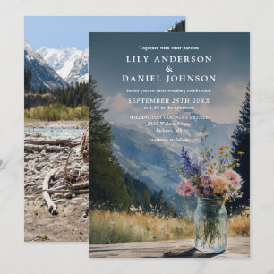 Watercolor Mountain Floral Mason Jar Photo Wedding Invitation