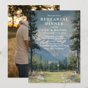 Watercolor Mountain Floral Photo Rehearsal Dinner Invitation