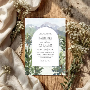 Watercolor Mountain Forest Arch QR Code Wedding Invitation