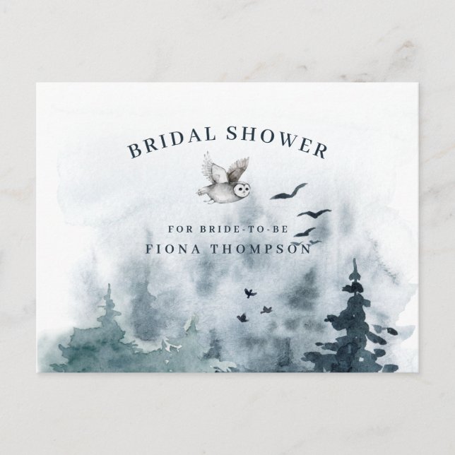 Watercolor Mountain Forest Owl Bridal Shower  Invitation Postcard (Front)