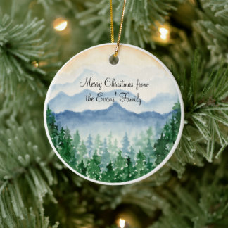 Watercolor Mountain Forest Personalised Family Ceramic Tree Decoration