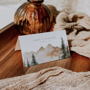 Watercolor Mountain Forest Pine Place Card
