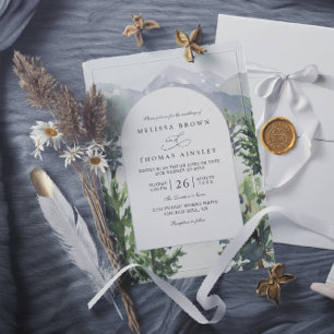 Watercolor Mountain Forest Rustic QR Code Wedding Invitation