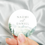 Watercolor Mountain Forest Rustic Wedding Favors Classic Round Sticker<br><div class="desc">Watercolor lush green pine forest and misty mountain with sage modern script,   elegant and romantic,  great couples name favor stickers for boho rustic wedding and mountain forest destination wedding in spring and summer.</div>