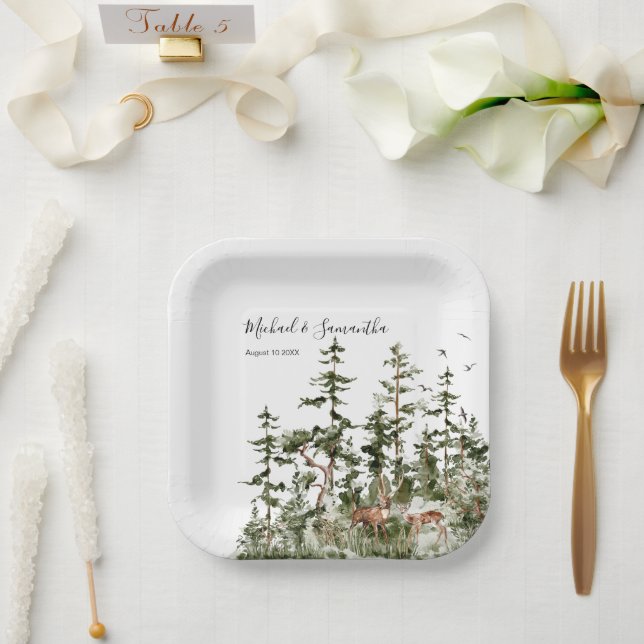 Watercolor Mountain Forest Rustic Wedding Paper Plate (Wedding)