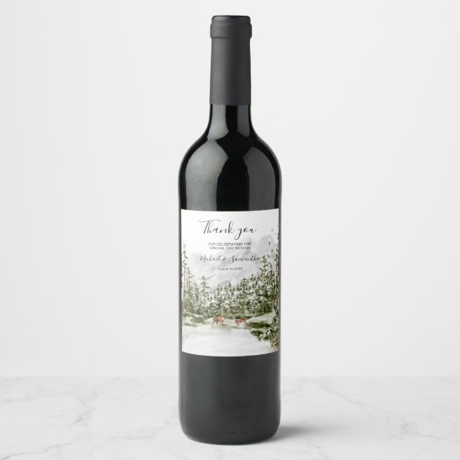 Watercolor Mountain Forest Rustic Wedding Wine Label (Front)