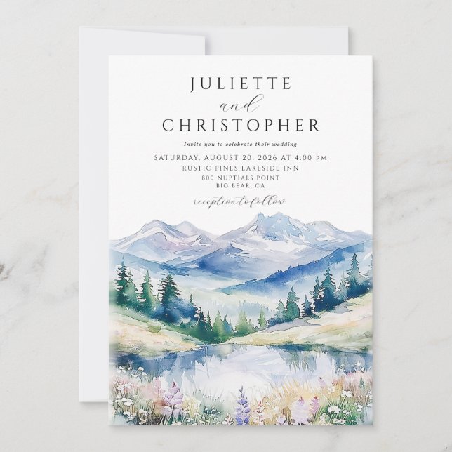 Watercolor Mountain Forest Wedding Invitation (Front)