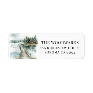 Watercolor Mountain Lake Cabin Return Address
