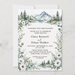 Watercolor Mountain Lake Forest Wedding Invitation