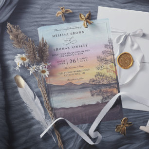 Watercolor Mountain Lake View QR Code Wedding Invitation