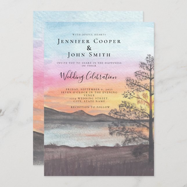 Watercolor Mountain Lake View  Wedding Invitation (Front/Back)