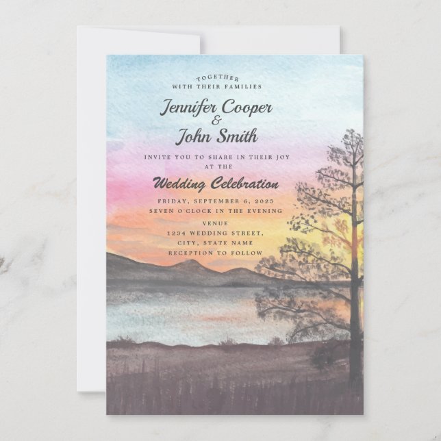 Watercolor Mountain Lake View Wedding Invitation (Front)