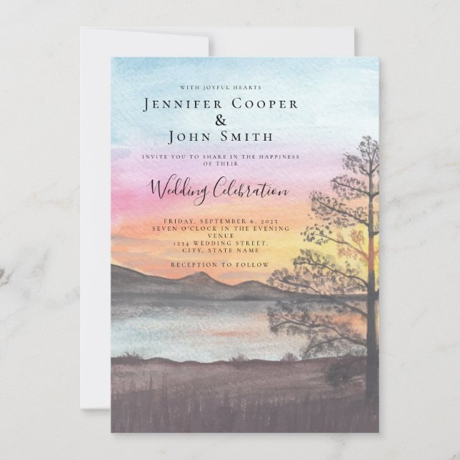 Watercolor Mountain Lake View Wedding Invitation (Front)