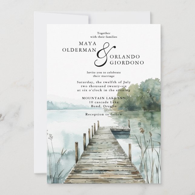 Watercolor Mountain Lake Wedding Invitation (Front)