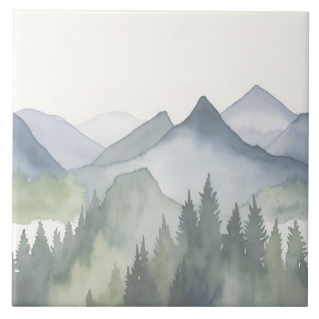 Watercolor Mountain Landscape Green Pine Trees Tile (Front)