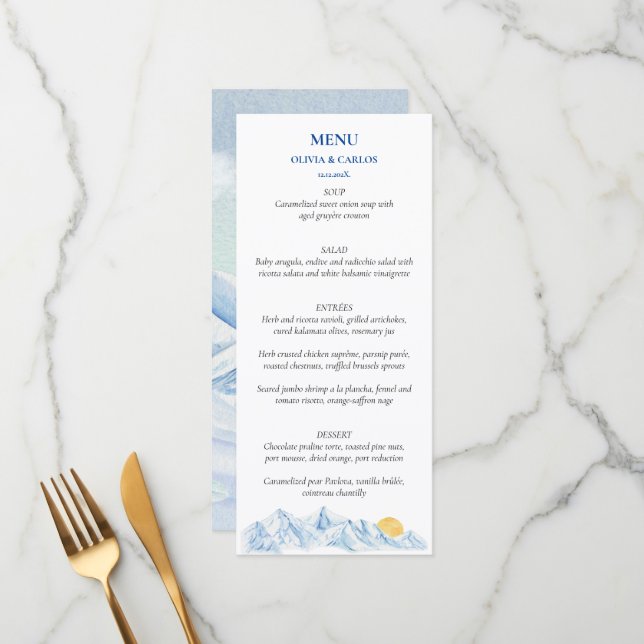 Watercolor Mountain Landscape Rustic Wedding Menu (Front/Back In Situ)
