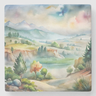 Watercolor Mountain Landscape Stone Coaster