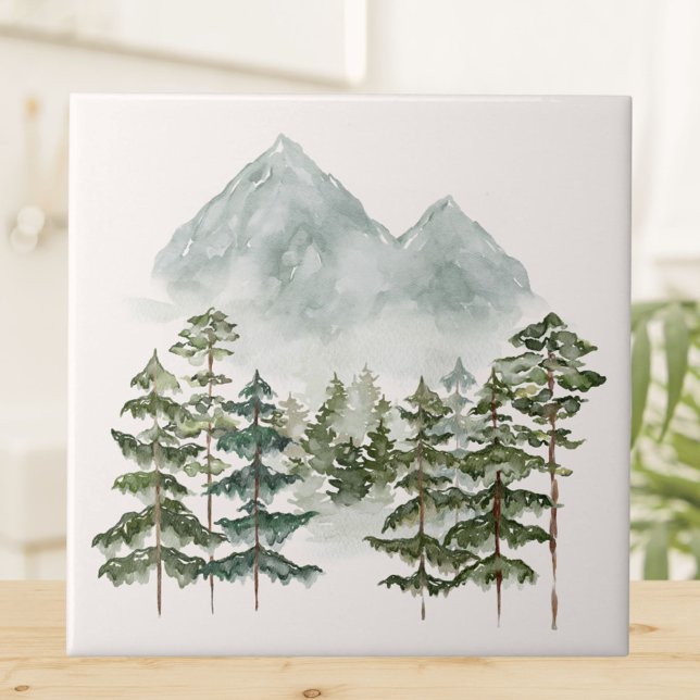 Watercolor Mountain Landscape View Tile (Close up)