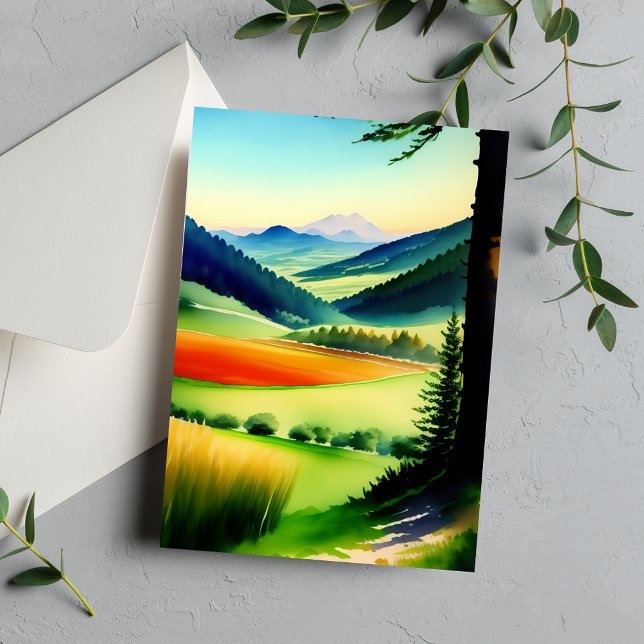 Watercolor Mountain Meadow Flat Greeting Card (Creator Uploaded)