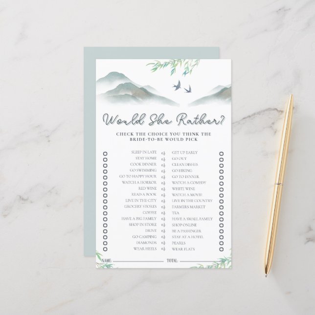 Watercolor Mountain Outdoor Bridal Shower Game  (Front/Back In Situ)