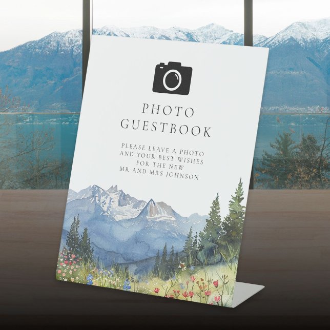 Watercolor Mountain Photo Guest Book Wedding Pedestal Sign (Watercolor Mountain Photo Guest Book Wedding Pedestal Sign)