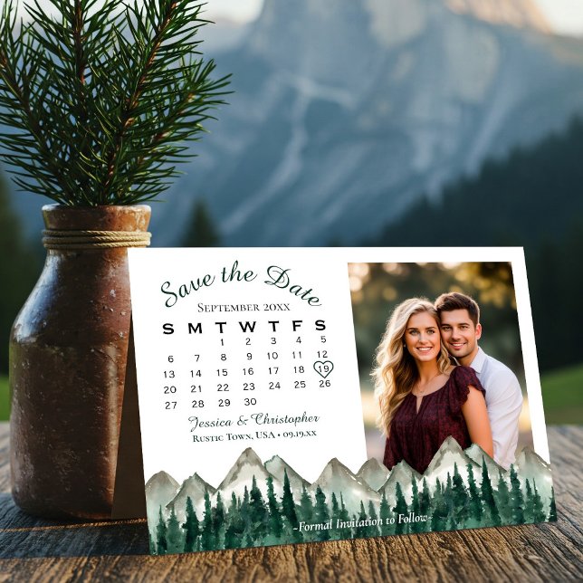 Watercolor Mountain Pine Calendar & Photo Wedding Save The Date (Creator Uploaded)