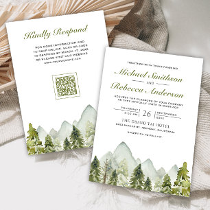 Watercolor Mountain Pine Forest QR Code Wedding Invitation