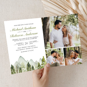 Watercolor Mountain Pine Forest QR Code Wedding Invitation
