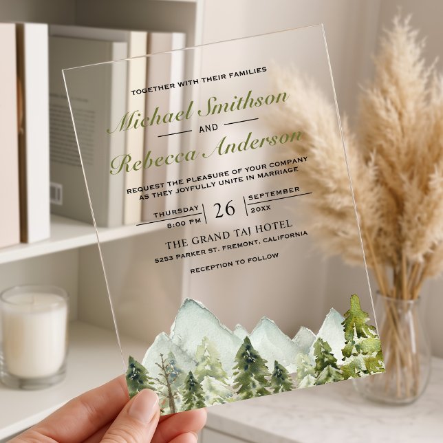 Watercolor Mountain Pine Forest Wedding Acrylic Invitations (Creator Uploaded)