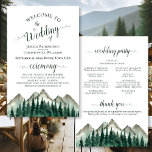 Watercolor Mountain Pines Budget Wedding Program<br><div class="desc">These wedding programs are elegant and tasteful, while still being budget friendly. The design features a rustic watercolor pine tree forest with mountain peaks in the background. The typography features lacy forest green script calligraphy, and there is room for details on the ceremony, the bridal party, and a short thank...</div>