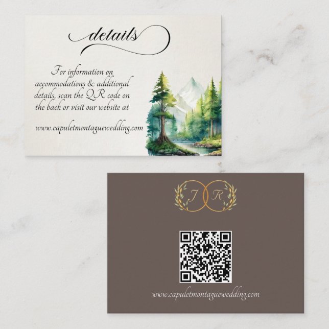 Watercolor Mountain, QR Code & Monogram - Mocha Enclosure Card (Front/Back)