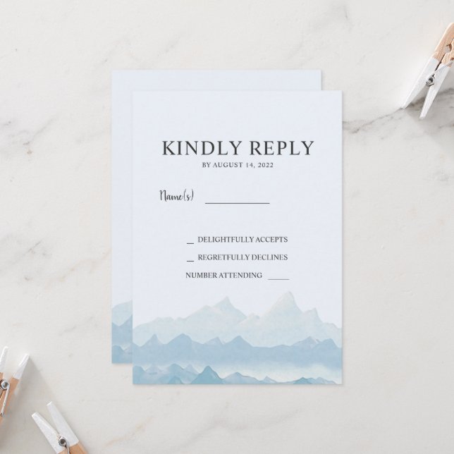 Watercolor mountain range country wedding RSVP Invitation (Front/Back In Situ)
