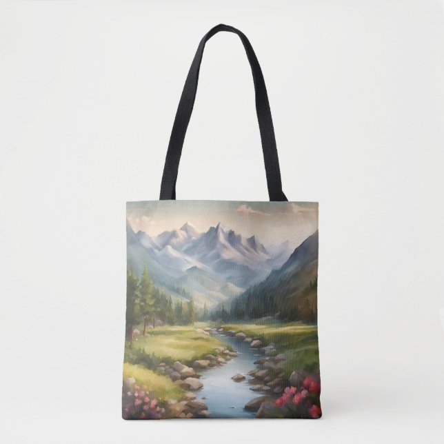 Watercolor Mountain River Landscape  Tote Bag (Front)