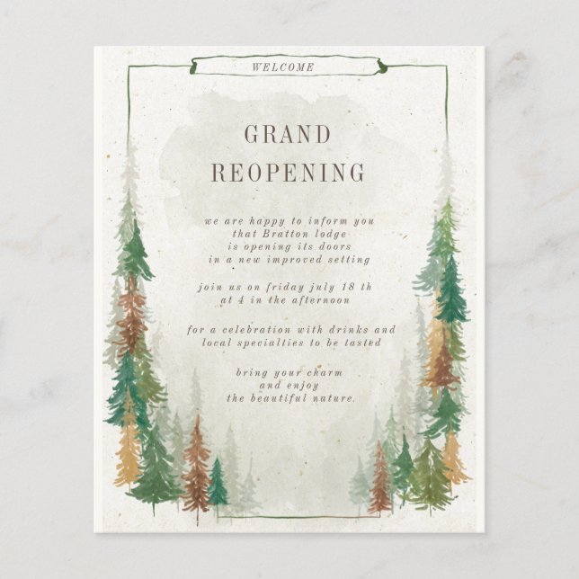 Watercolor Mountain Rustic Grand Reopening Flyer (Front)
