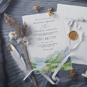 Watercolor Mountain Rustic Lakes QR Code Wedding Invitation