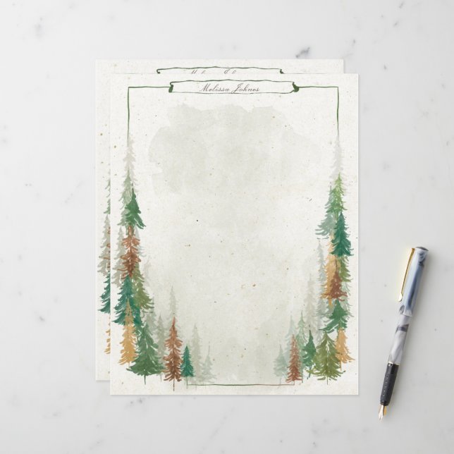 Watercolor Mountain Rustic Monogram Paper Sheet (Front/Back In Situ)