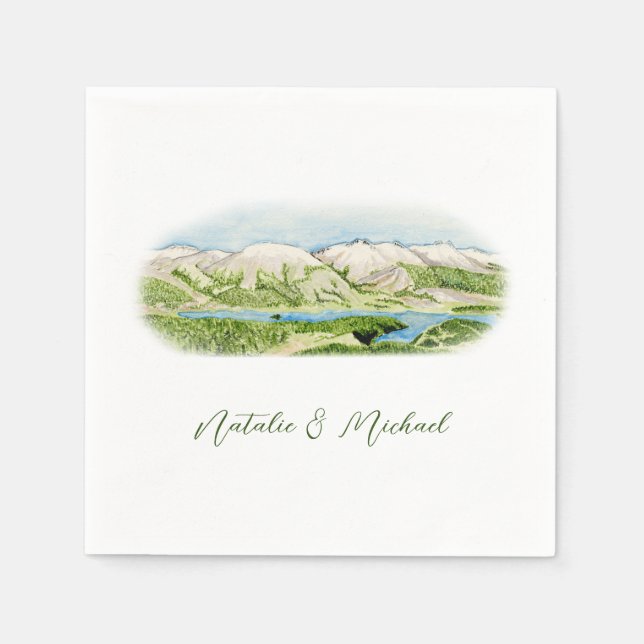 Watercolor Mountain Scene Cocktail Napkin (Front)