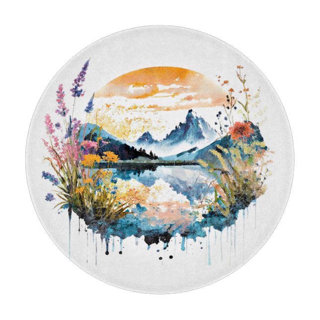Watercolor mountain scene cutting board (Front)