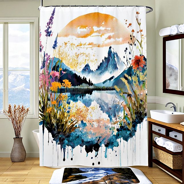 Watercolor mountain scene shower curtain (Creator Uploaded)