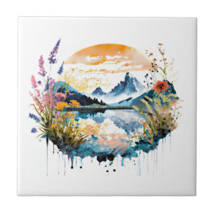 Watercolor mountain scene tile