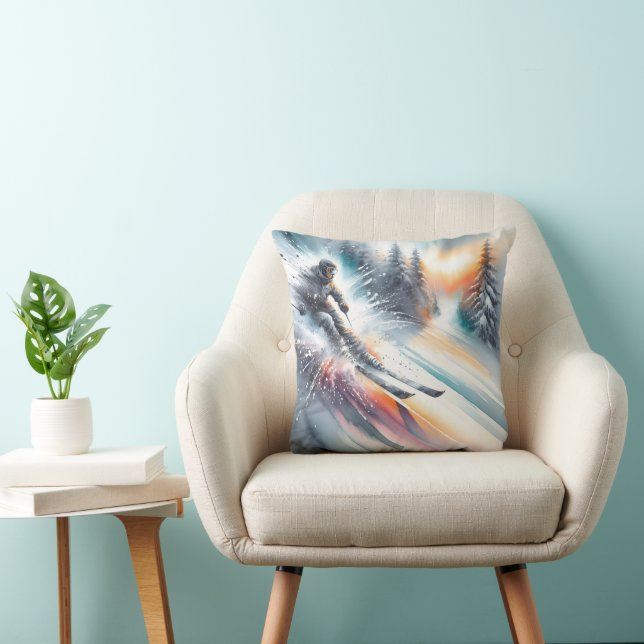 Watercolor Mountain Snow Skier Cushion (Chair)