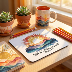 Watercolor Mountain Sunrise Bible Verse Mouse Pad